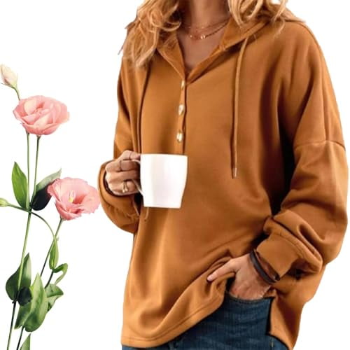 Vintageolid Color Longleeve Buttonedweatshirt,Soft Cotton Fleece Crewneck,Cotton Hooded Sweatshirt,Womens Oversized Hoodie