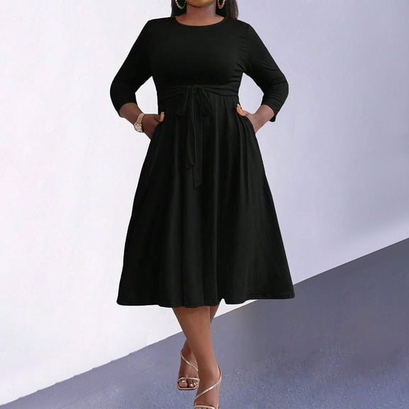 AURA Plus Size Women’s Knit Dress Round Neck Long Sleeve High Waist Tie Mid Length A Line Dress