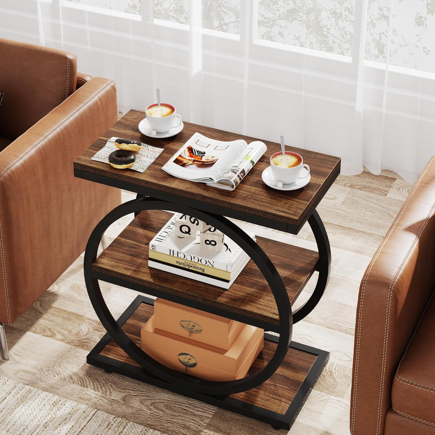 Tribesigns End Table, Wood Side Table with Black Metal Frames, Narrow End Table with 3 Storage Shelves for Living Room