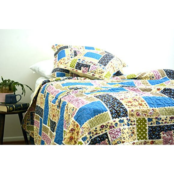 DaDa Bedding Twin Bed Quilt Set Cotton Floral Patchwork Vintage DXJ103269-1 Colorful Multi Cotton Patchwork 3-Piece Quilt Set, Twin, Blue