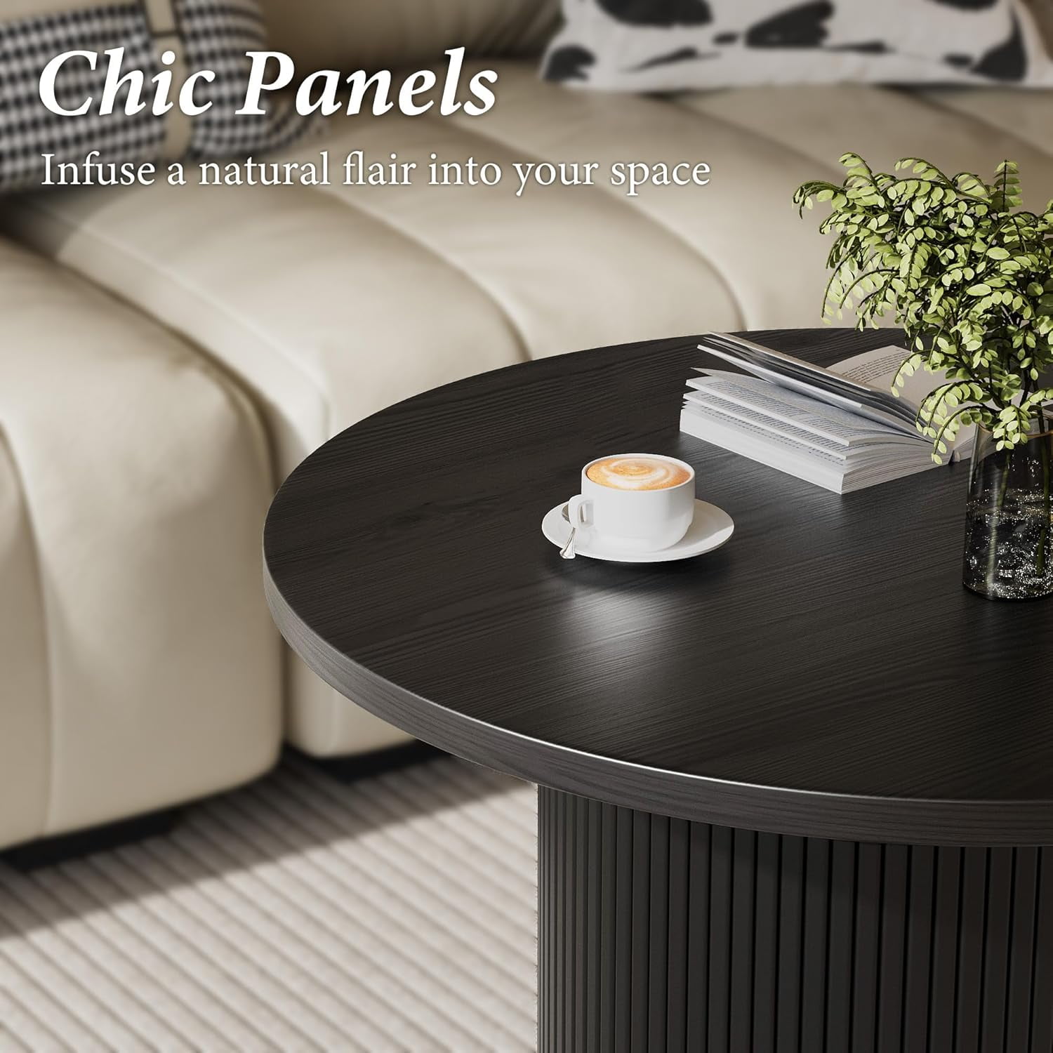 FURNIWAY Black Round Coffee Table with Storage, 35" Coffee Tables for Living Room, Circle Wood Accent Center Table for Apartment