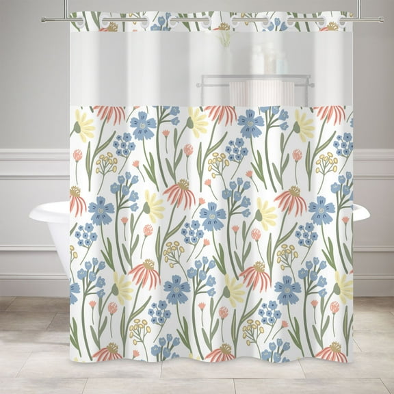 Mizhona Blue Floral No Hooks Shower Curtains with Snap in Liner Yellow Plants Hookless Fabric Bathroom Curtain,71"× 74"