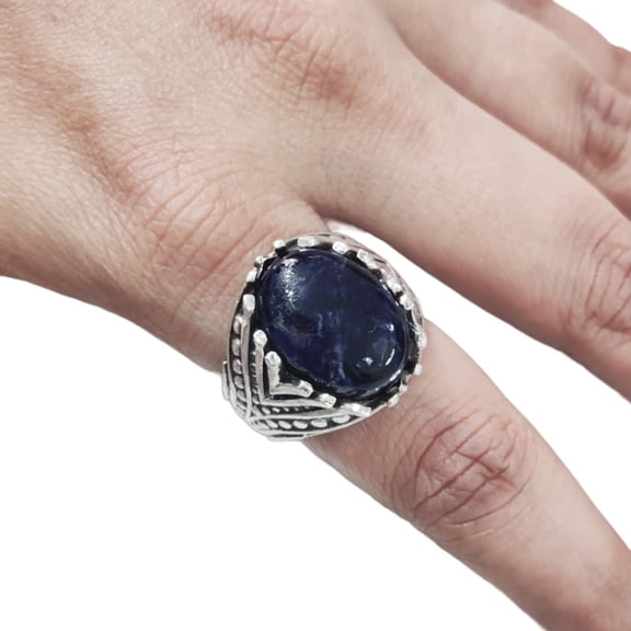 Sodalite Mans Ring, Natural Blue Sodalite, Unisex Ring, Oxidized Silver Jewelry, 925 Silver Ring, Birthday Gift, Heavy Men Ring, Arabic Design, Ottoman Style Ring, Christmas, Turkish Signet Ring
