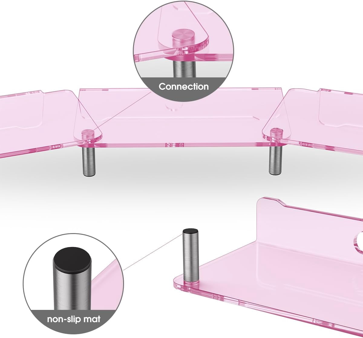 Dual Monitor Stand Riser, 3-Layer Pink Acrylic Desk Organizer with -Slip Pads for 2 Screens