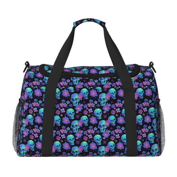 Disketp purple flower blue Skull Bolsa de Viaje Tipo Duffle, Bolso de Mano para Fin de Semana para Mujer, Bolsa de Gimnasio Ligera para Hombre, Esencial para Viajes