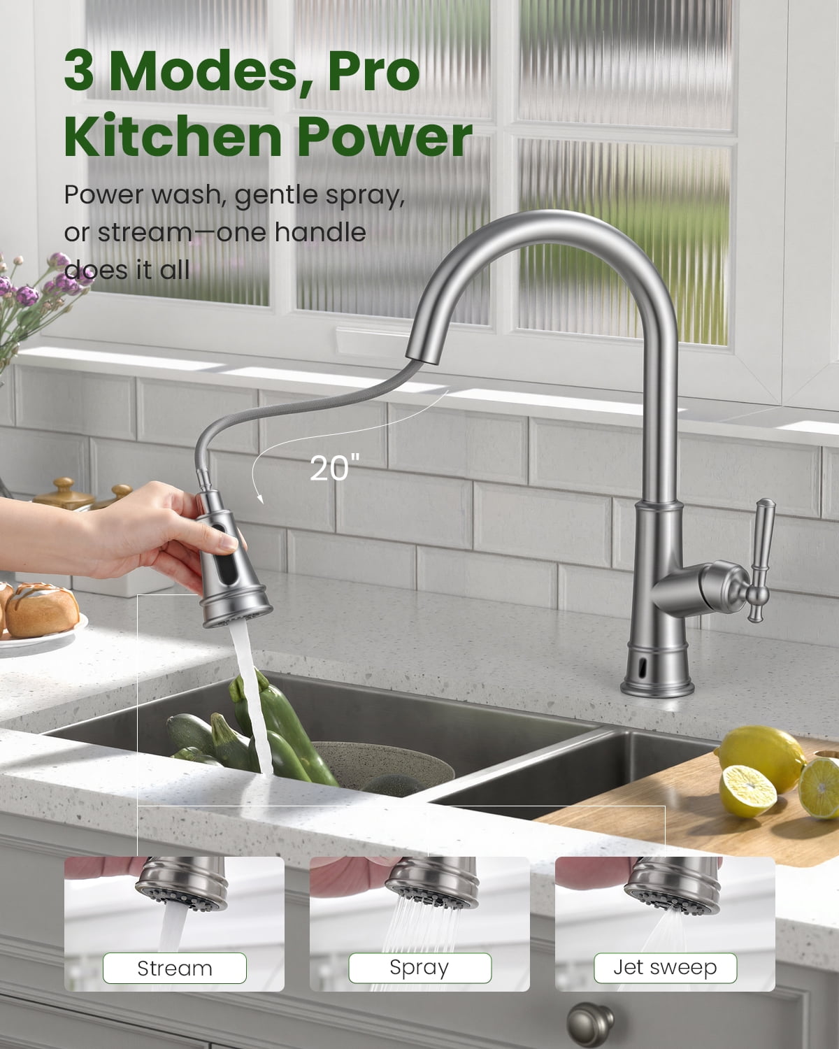 APPASO Touchless Kitchen Faucet Brushed Nickel, Motion Sensor Activated Hands-Free with Pull Down Sprayer, Smart Faucet for Kitchen Sink