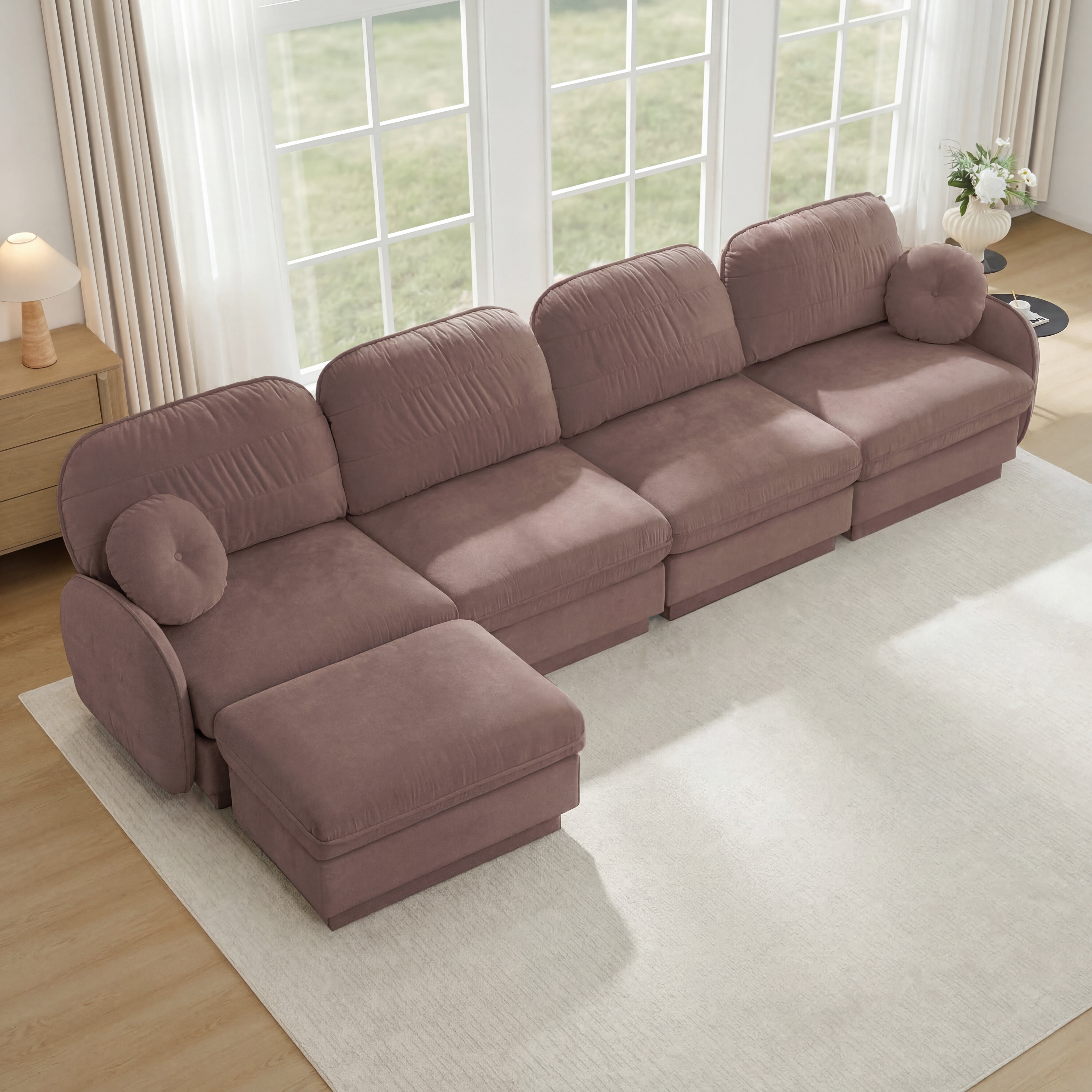 Mintazer 137" Chenille Cloud 4-Seater Modular Sectional Sofa with Movable Ottoman & Round Pillows, L-Shaped Ergonomic Sofa Couch for Living Room, Apartment, Rose Dust