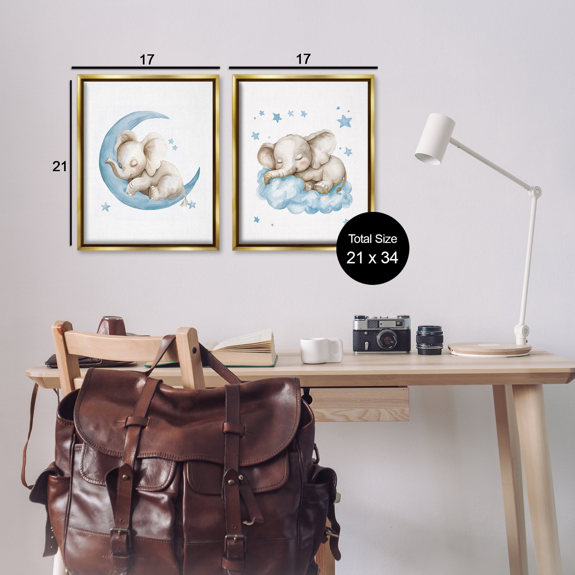 Stupell Industries Blue Sleepy Elephant Animals Painting Gold Floater Framed Canvas Art Print Wall Art, 17 x 21, Set of 2
