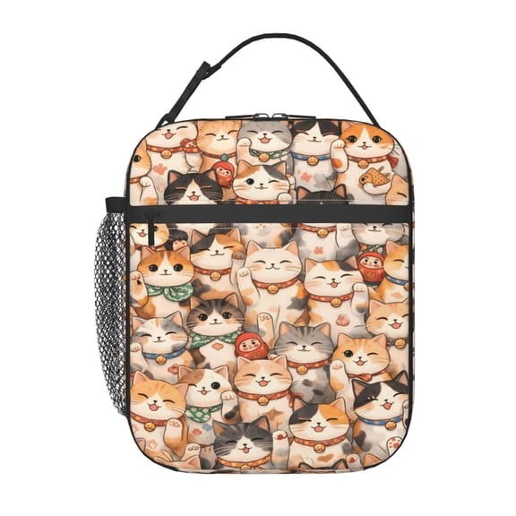 Cute Cartoon Lucky Cat Lunch Bag Reusable Thermal Lunch Tote with Handle for Women and Men