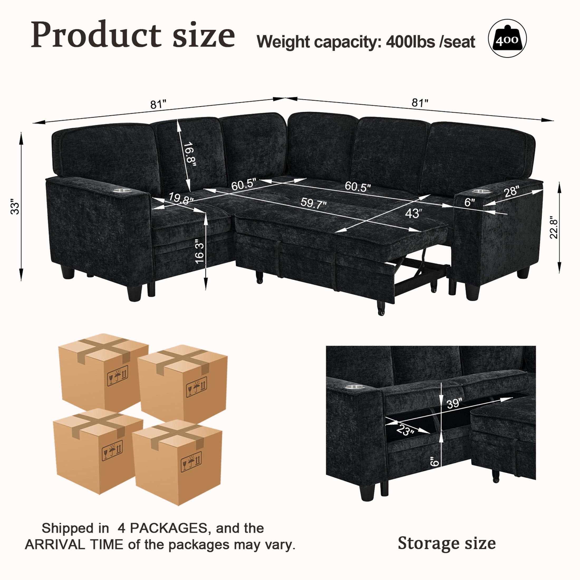 Aukfa Sectional Sleeper Sofa Bed w/Storage Seat, L Shaped Modular Sectional Sofa with USB Ports and Cup Holders for Living Room, Black
