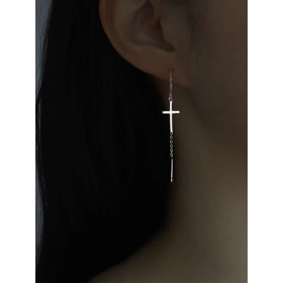 Silver Cross Threader Dangle Earrings For Everyday Wear