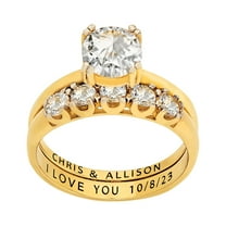 Vow & Forever Personalized Planet Bridal 14K Gold over Sterling Silver Round White Topaz 2-Piece Engraved Wedding Ring Set ,Women's