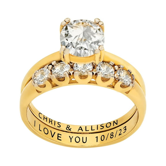 Vow & Forever Personalized Planet Bridal 14K Gold over Sterling Silver Round White Topaz 2-Piece Engraved Wedding Ring Set ,Women's