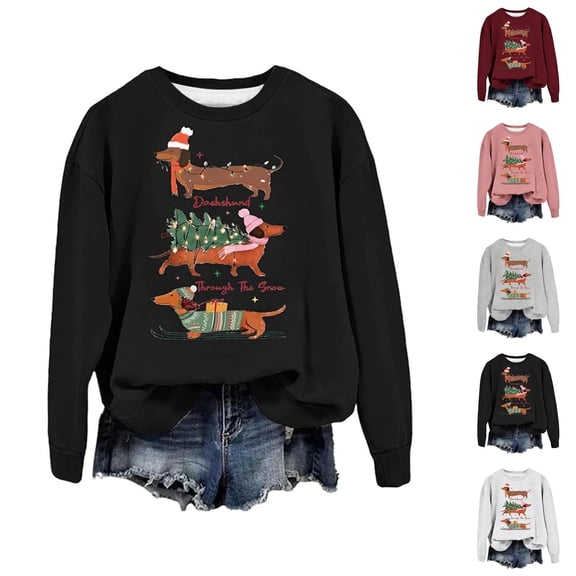 Christmas Sweatshirts for Women Long Sleeve Loose Casual Crewneck Funny Cute Dachshund Graphic Sweatshirt Pullover Tops
