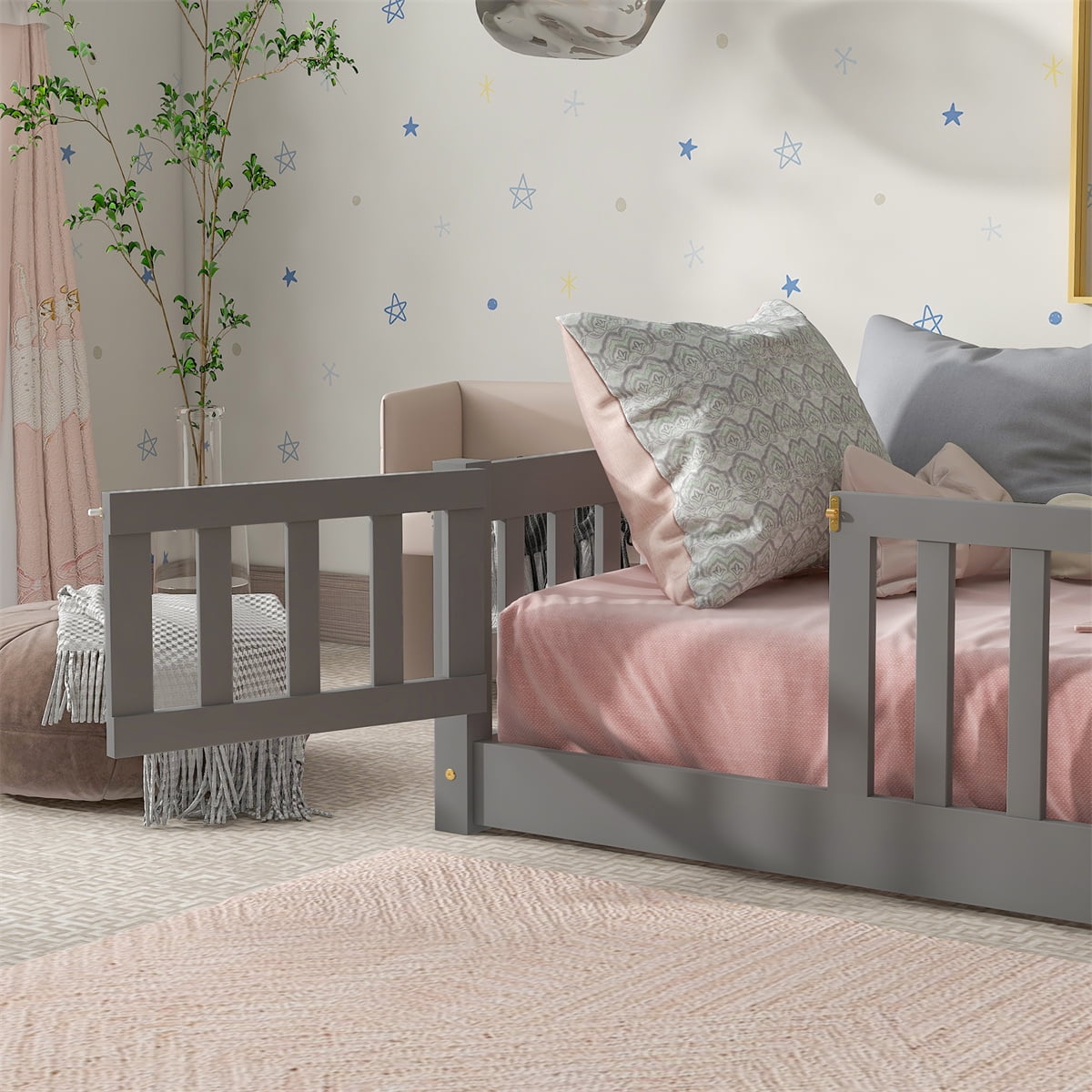 Twin Size Floor Bed with Door , Wood Montessori Bed Frame with Fence Guardrails, No Box Spring Needed, Gray