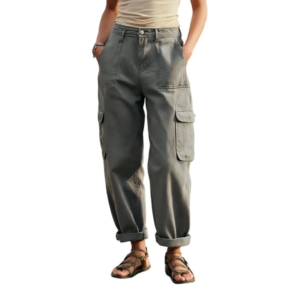 Edvintorg Women Cargo Pants Plus Size Fashion Outdoor Hiking Travel Elastic Waisted Casual Workout Cuffed Trouser with Pockets Women's Clothes Gray M