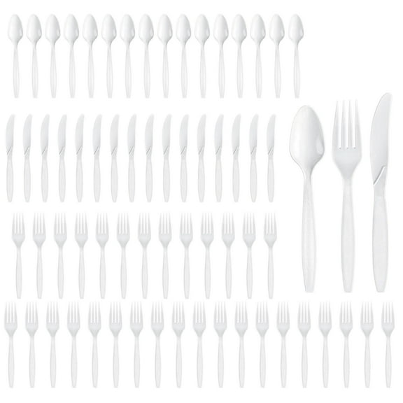Party City Assorted Disposable Cutlery Set, 64-Piece Set (White) - 32 Forks, 16 Knives & 16 Spoons - Go Brightly Heavy Duty Disposable Plastic Forks, Spoons & Knives - Party Supplies Cutlery