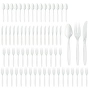Party City Assorted Disposable Cutlery Set, 64-Piece Set (White) - 32 Forks, 16 Knives & 16 Spoons - Go Brightly Heavy Duty Disposable Plastic Forks, Spoons & Knives - Party Supplies Cutlery