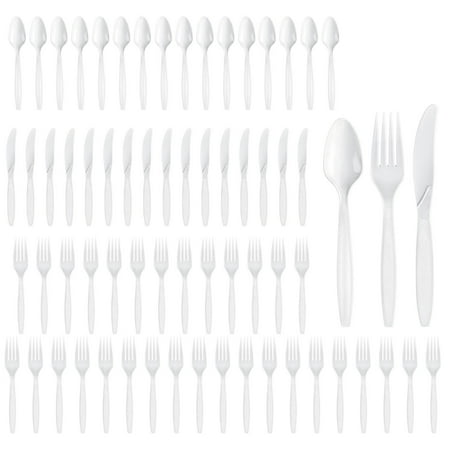 Party City Assorted Disposable Cutlery Set, 64-Piece Set (White) - 32 Forks, 16 Knives & 16 Spoons - Go Brightly Heavy Duty Disposable Plastic Forks, Spoons & Knives - Party Supplies Cutlery