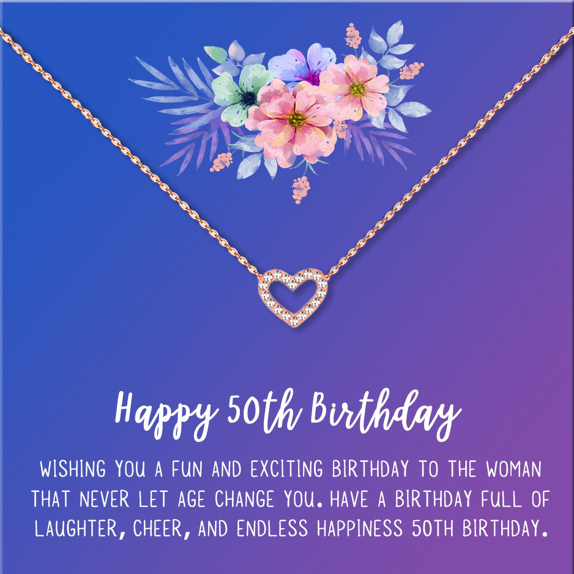 Anavia Happy 50st Birthday Gifts Stainless Steel Fashion Necklace Birthday Card Jewelry Gift for Her, Birthday Gift for Grandma-[Rose Gold Mini Crystal Heart, Blue-Purple Gift Card]