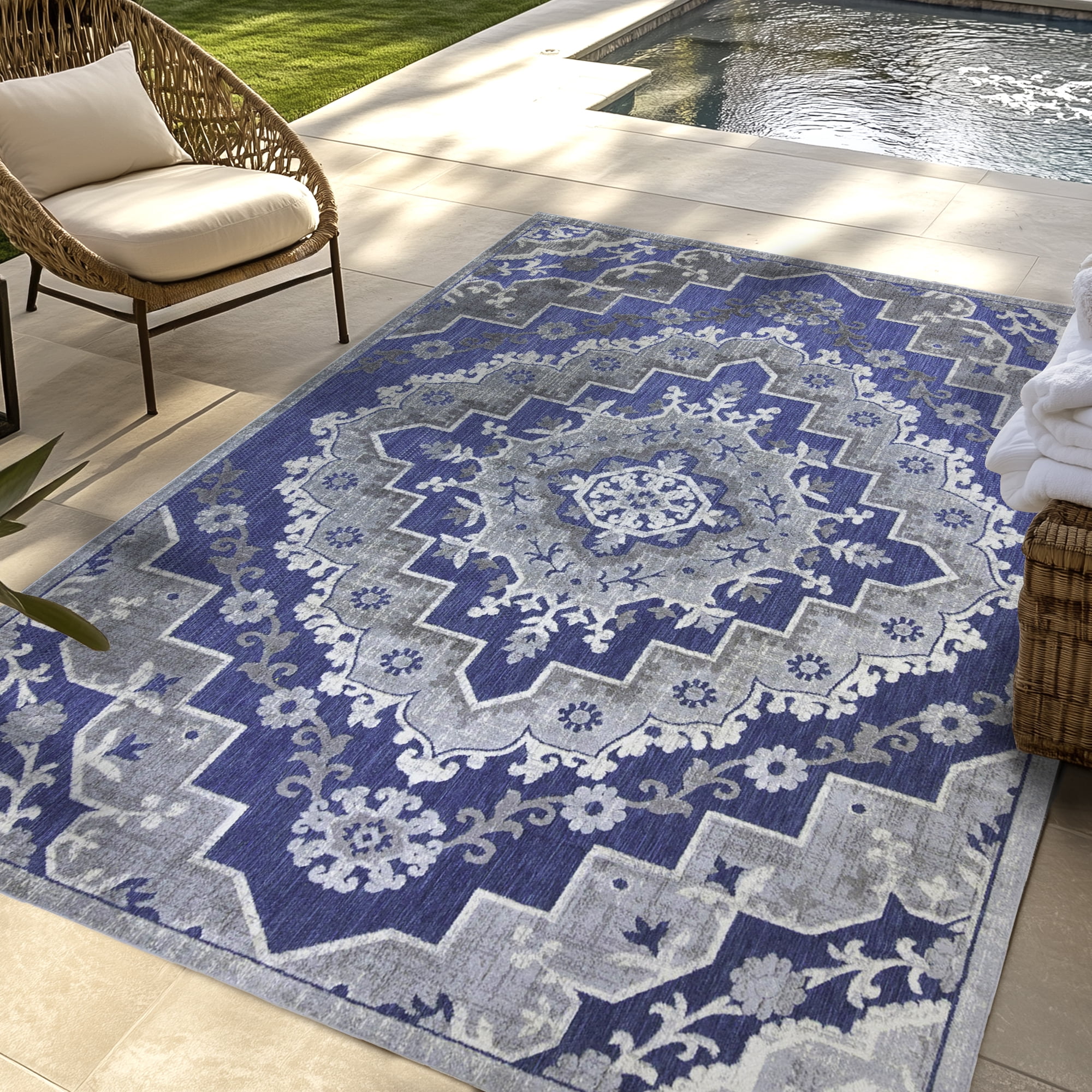 Kalari Amira Indoor/ Outdoor Polypropylene Blue/Gray Flat Weave Area Rug, 9x13