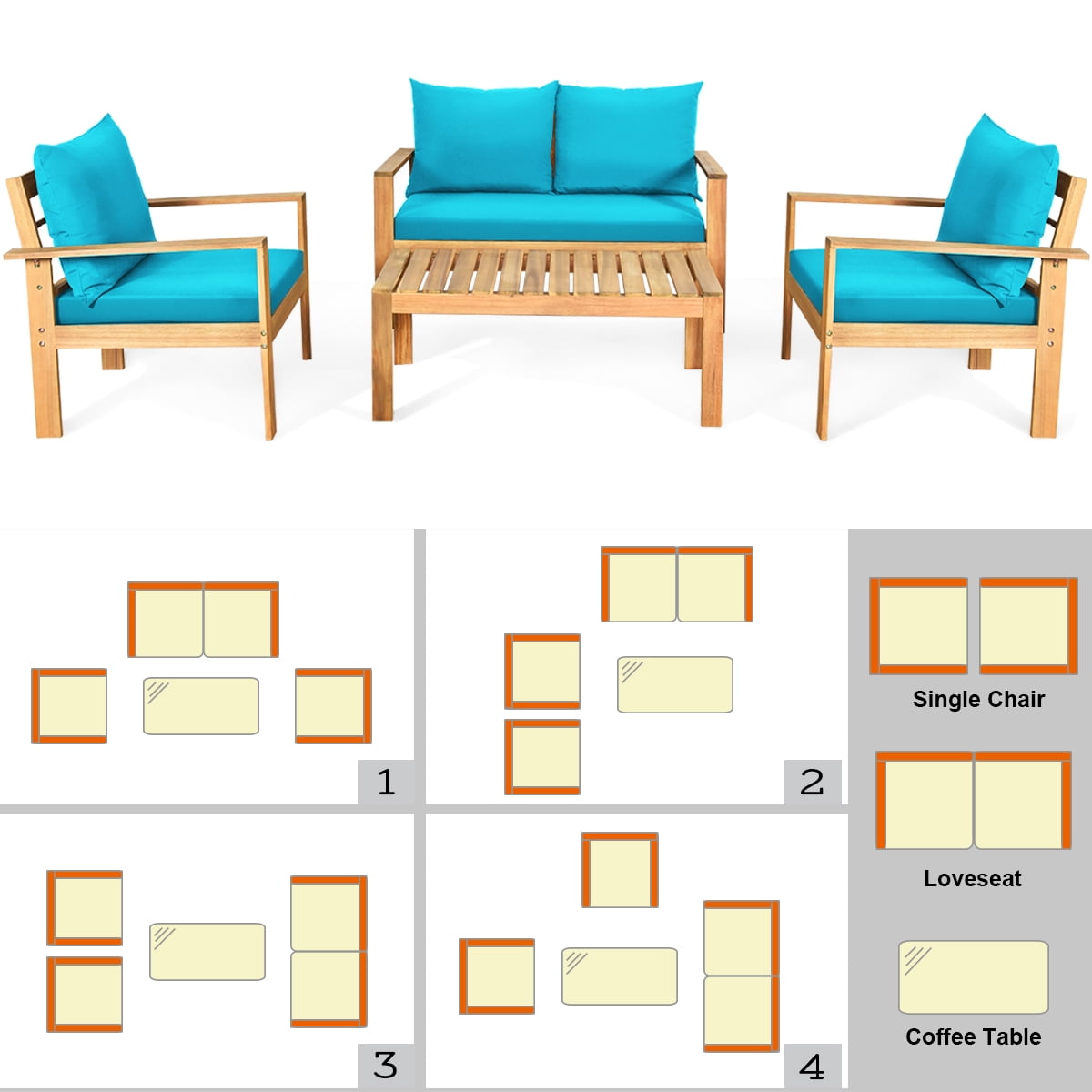 Gymax 4PCS Patio Acacia Wood Conversation Furniture Set w/ Turquoise Cushions