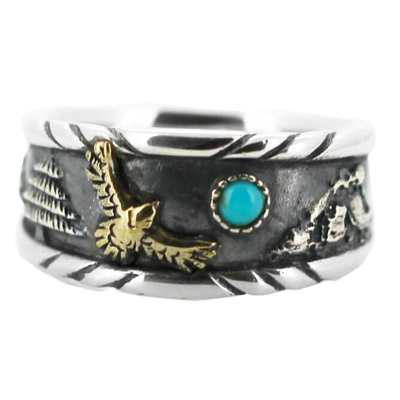 Men's Unique Antique Vintage Natural Blue Turquoise Gemstone Solid 925 Sterling Silver and Copper Biker Fashion Daily Wear Ring