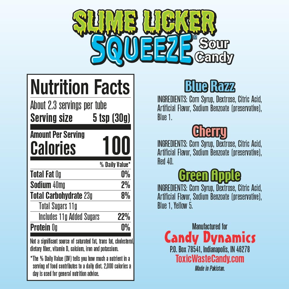Toxic Waste Slime Licker Squeeze Sour Candy | 12 Count Display with Blue Razz, Cherry, and Green Apple Flavors RED28