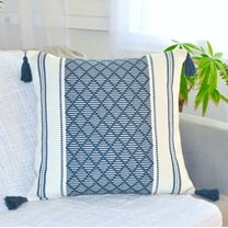 Boho Throw Pillow Cover with Tassels, 20x20 Inches, Navy Blue / Cream | Decorative Pillow Cover for Living room Couch Sofa/ Farmhouse Woven Pillow Case/ Neutral Accent Cushion Cover