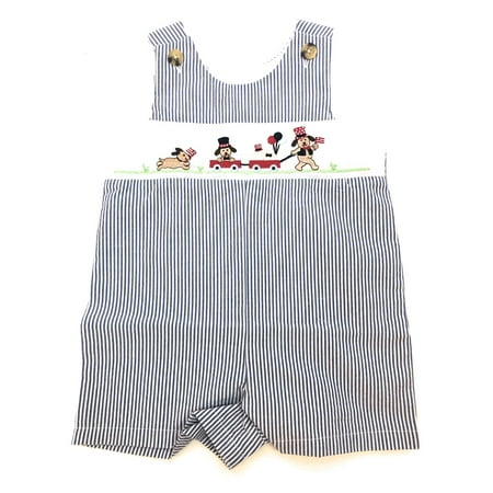 - Good Lad Newborn/Infant Boys Blue Smocked Seersucker Shortall with July 4th Embroidered Theme