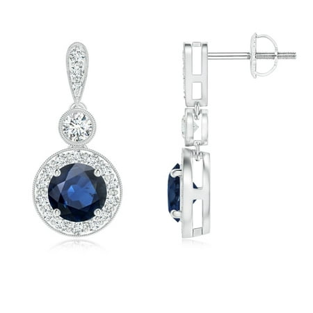 September Birthstone Earrings - Milgrain-Edged Sapphire and Diamond Halo Dangle Earrings in 14K White Gold (5mm Blue Sapphire) - (Best Black Friday Sales Uk)