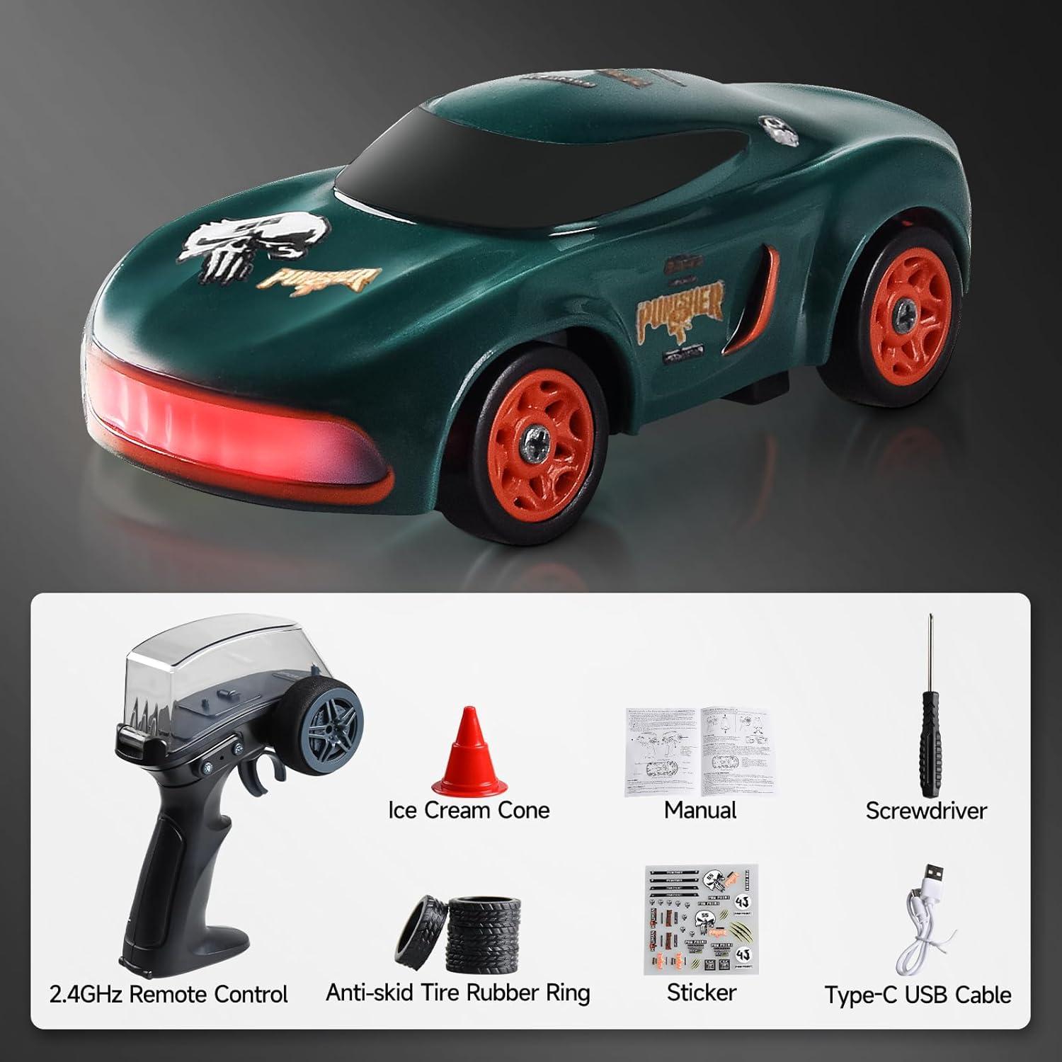 RC Drift Car,1:64 Mini Desktop RC Drift Car, 2.4GHz Scale 4WD High Speed Remote Control Cars Vehicle with LED Lights, Racing Tires, Racing Sport Toy Cars for Adults Boys Girls Kids(Green)