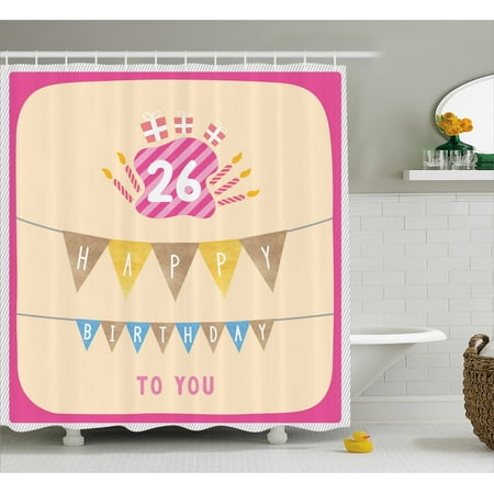 26th Birthday Shower Curtain, Anniversary Flag with Best Wishes Message Life Modern Design Print, Fabric Bathroom Set with Hooks, 69W X 75L Inches Long, Peach and Hot Pink, by