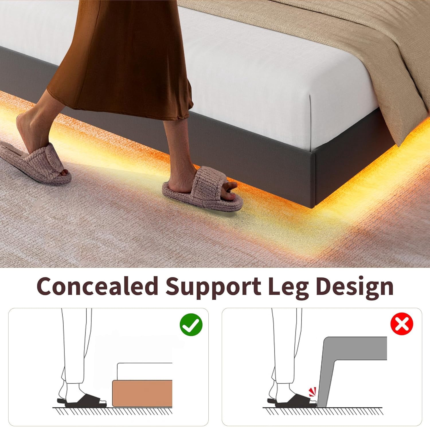 Shininglove Full Size Upholstered Floating Bed Frame with RGB LED Lights & Charging Station, No Box Spring Needed (Black)