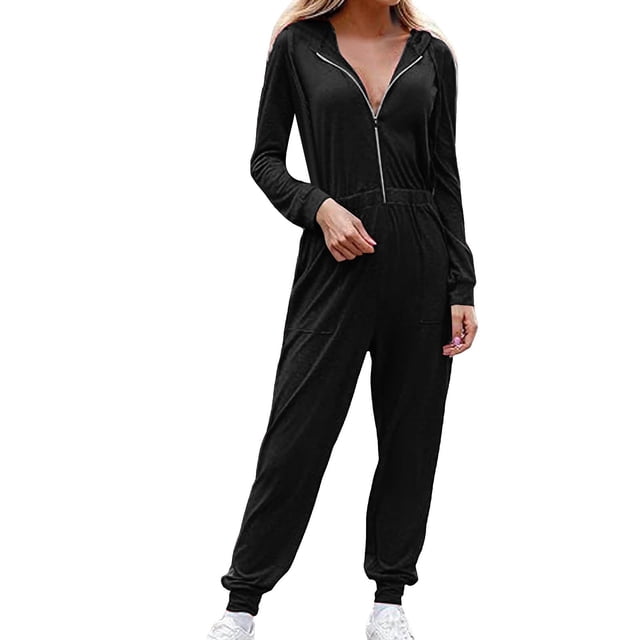 HBFAGFB Combinaison à Manches Longues pour Femmes Fermeture Éclair Combinaison Décontractée Simple Confortable Noir Taille P