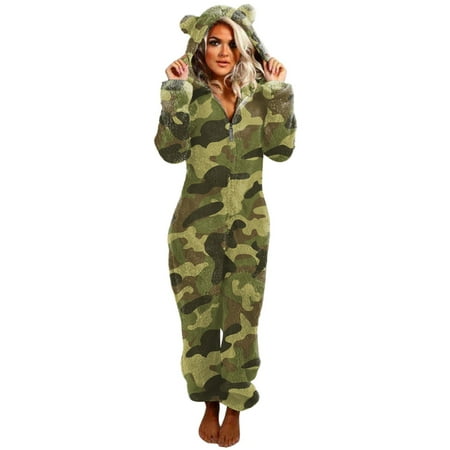 

Quealent Jumpsuit For Women Women Warm Sleepwear Sets Long Sleeve Hooded Jumpsuit Pajamas Casual Winter Warm Zipper Rompe Green L