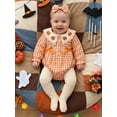 thumbnail image 6 of Loicainy Infant Baby Girls Halloween Bodysuit 3 6 9 12 18 Months Knitted Crocheted Pumpkin Doll Collar Plaid Long Sleeves Romper and Headband, 6 of 9