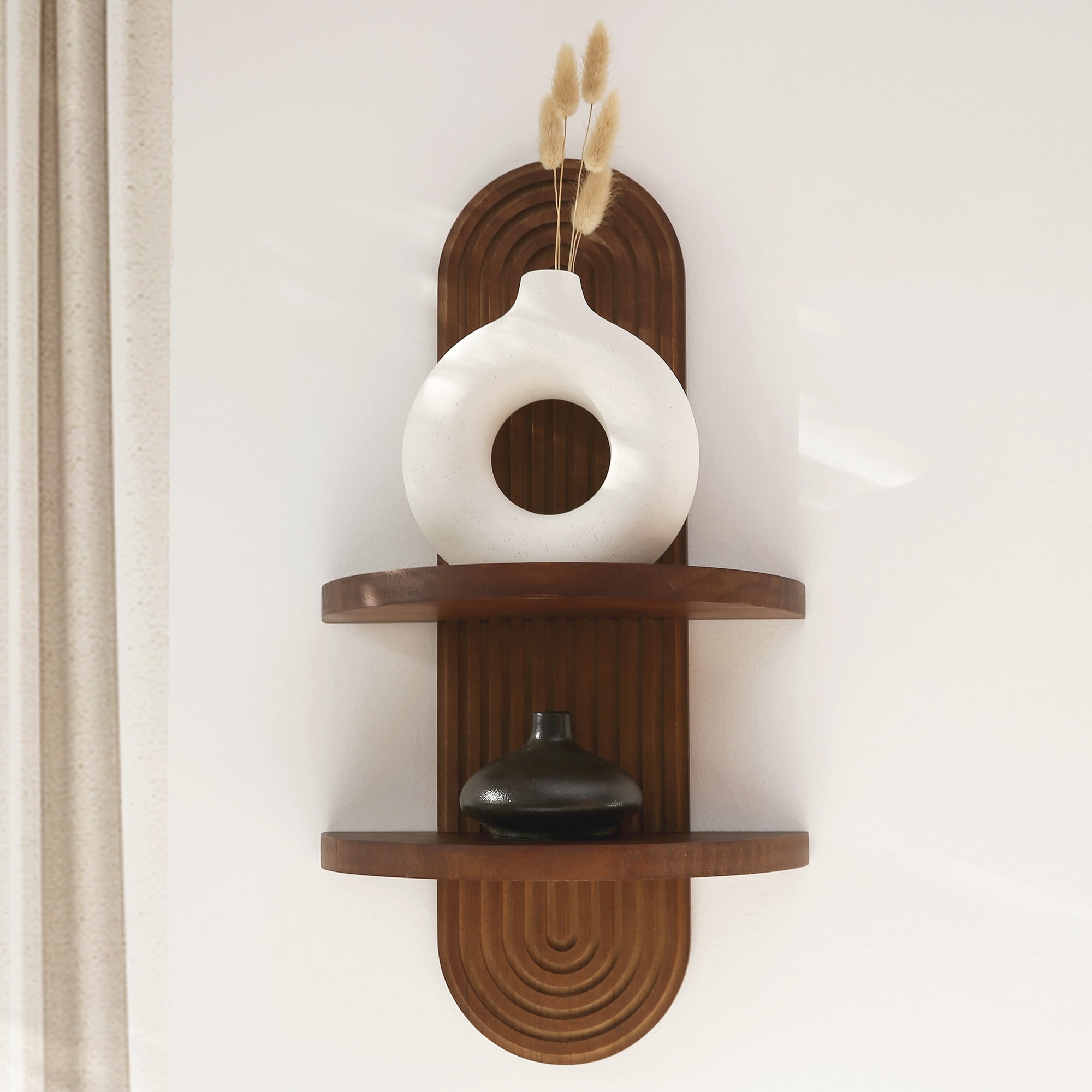 Modern Wall Shelf with Arched Wood Design Mid-Century Double Floating Rainbow Shelves for Indoor Decoration Holding Planter Ornaments, 22 x 11.6 Inch (Walnut)