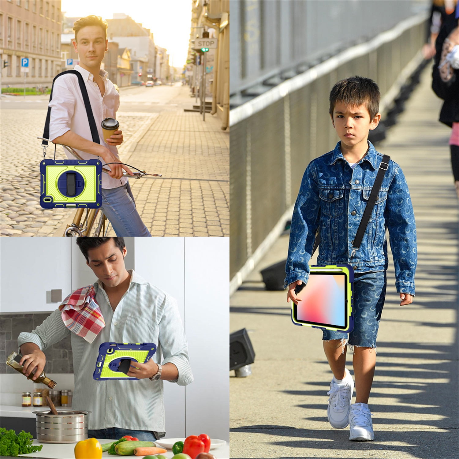 Tarise Case for Apple iPad 10th Generation 10.9 inch (2022), 360° Rotating Kickstand with Pencil Holder/ Hand Strap/ Shoulder Strap Hard PC Rugged Silicone Shockproof Stand Cover, Navy + Yellow Green