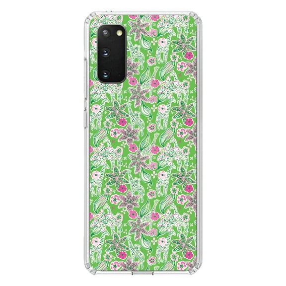 DistinctInk Clear Shockproof Hybrid Case for Galaxy S20 ULTRA / 5G (6.9" Screen) - TPU Bumper, Acrylic Back, Tempered Glass Screen Protector - Preppy Pattern - Pink & Green Flowers Floral