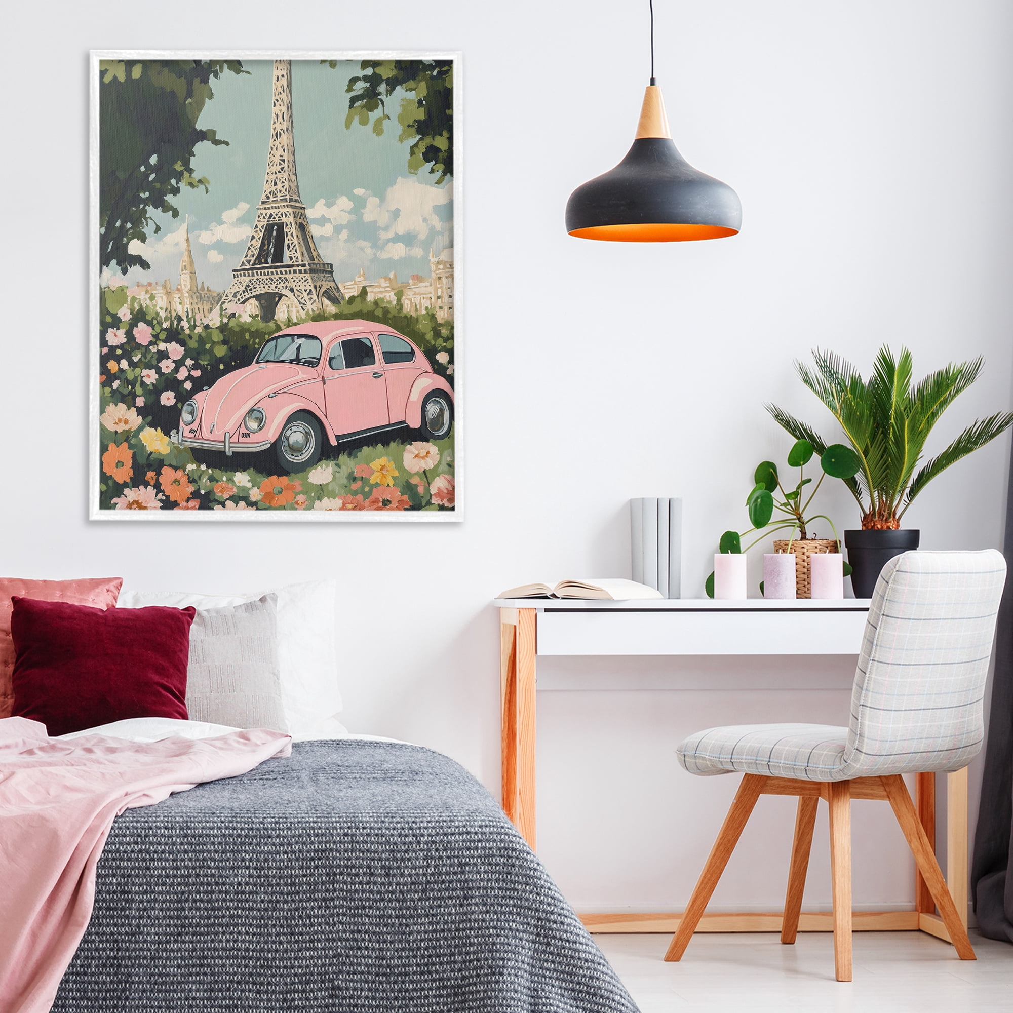 Stupell Industries Paris Pink Car in Bloom White Framed Giclee Art, design by The Prints Vibe