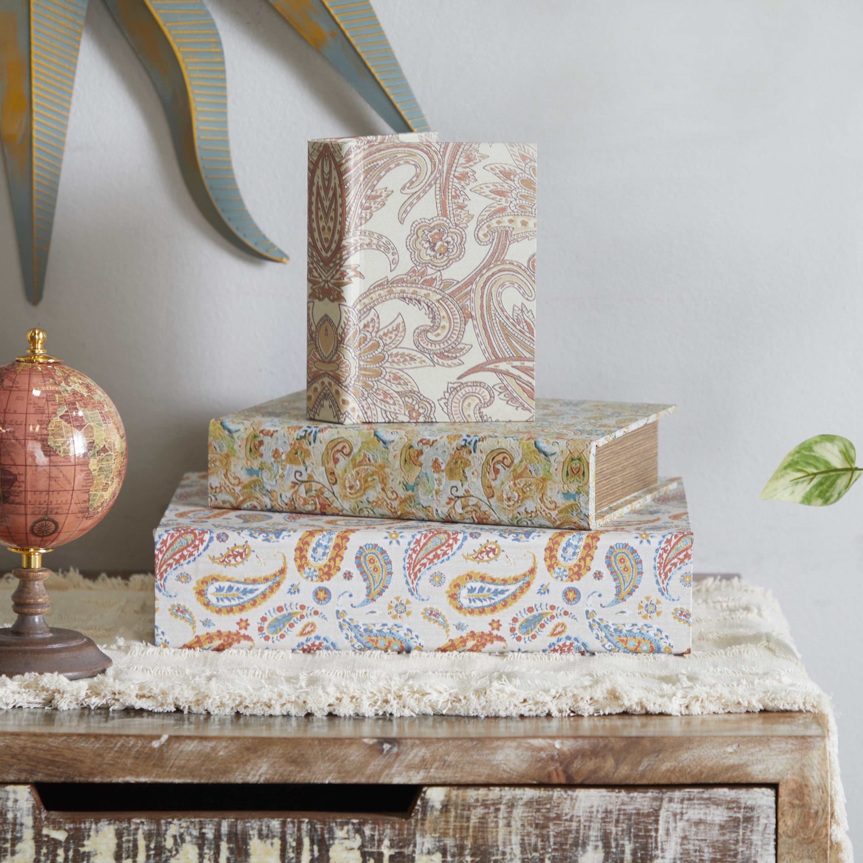 DecMode Faux Book Cream Canvas Decorative Box with Varying Patterns, 3 Count