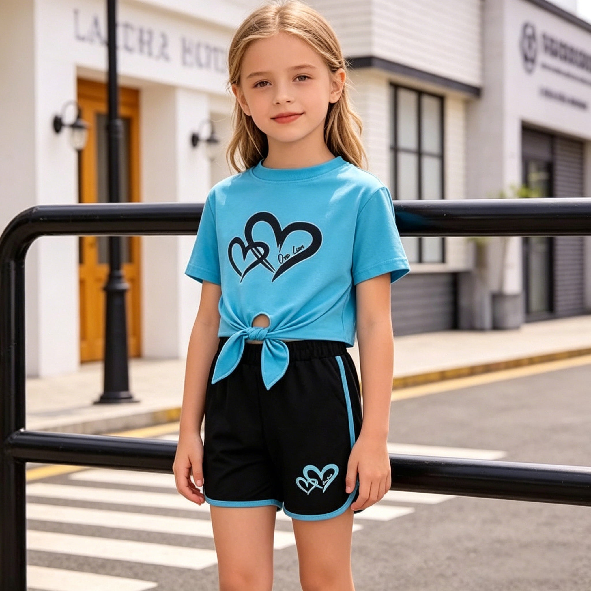 Jolyshlid Girls Summer Outfits 6 Piece Set Tie Dye Heart Print Short Sleeve Tops and Shorts Set Casual Clothing for Kids,Colorful Blue Red,13-14 Years