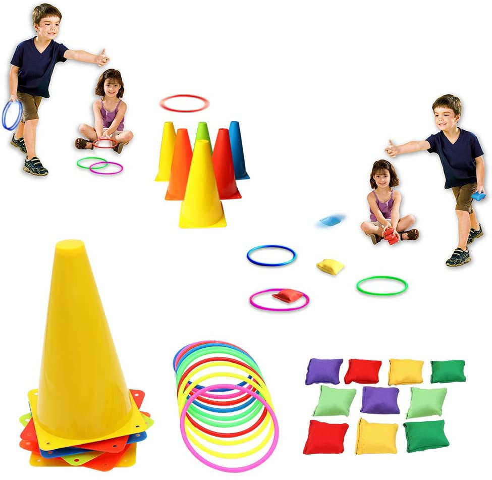 3 In 1 Sport Marker Football Training Cones 5pcs and 10pcs Plastic Multicolor Throwing Circle Ring Toss Game with Bean Bags 10pcs for Kids Outdoor Indoor Games