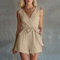 thumbnail image 6 of Npasoilc Imitation Linen Short Jumpsuits with Waistband for Women Crew Neck Sleeveless Solid Summer Romper, 6 of 7