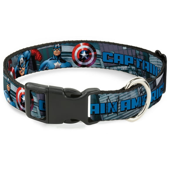 Marvel Comics Pet Collar, Dog Collar Plastic Buckle, Captain America Avengers Logo Cityscape, 7 to 8.5 Inches 0.5 Inch Wide