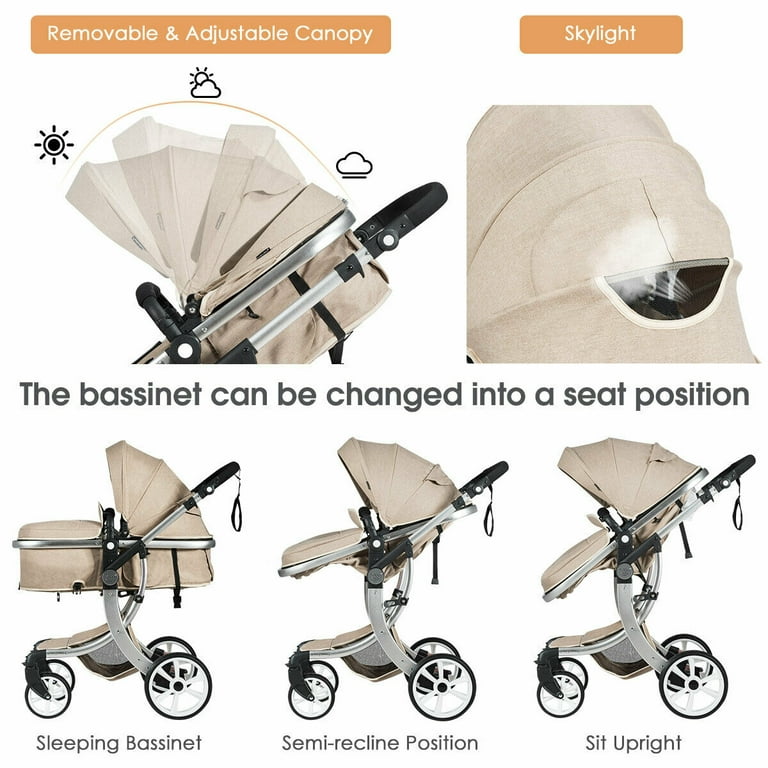 Costway Folding Aluminum Infant Bassinet Reversible Baby Stroller W/ Diaper  Bag Beige 