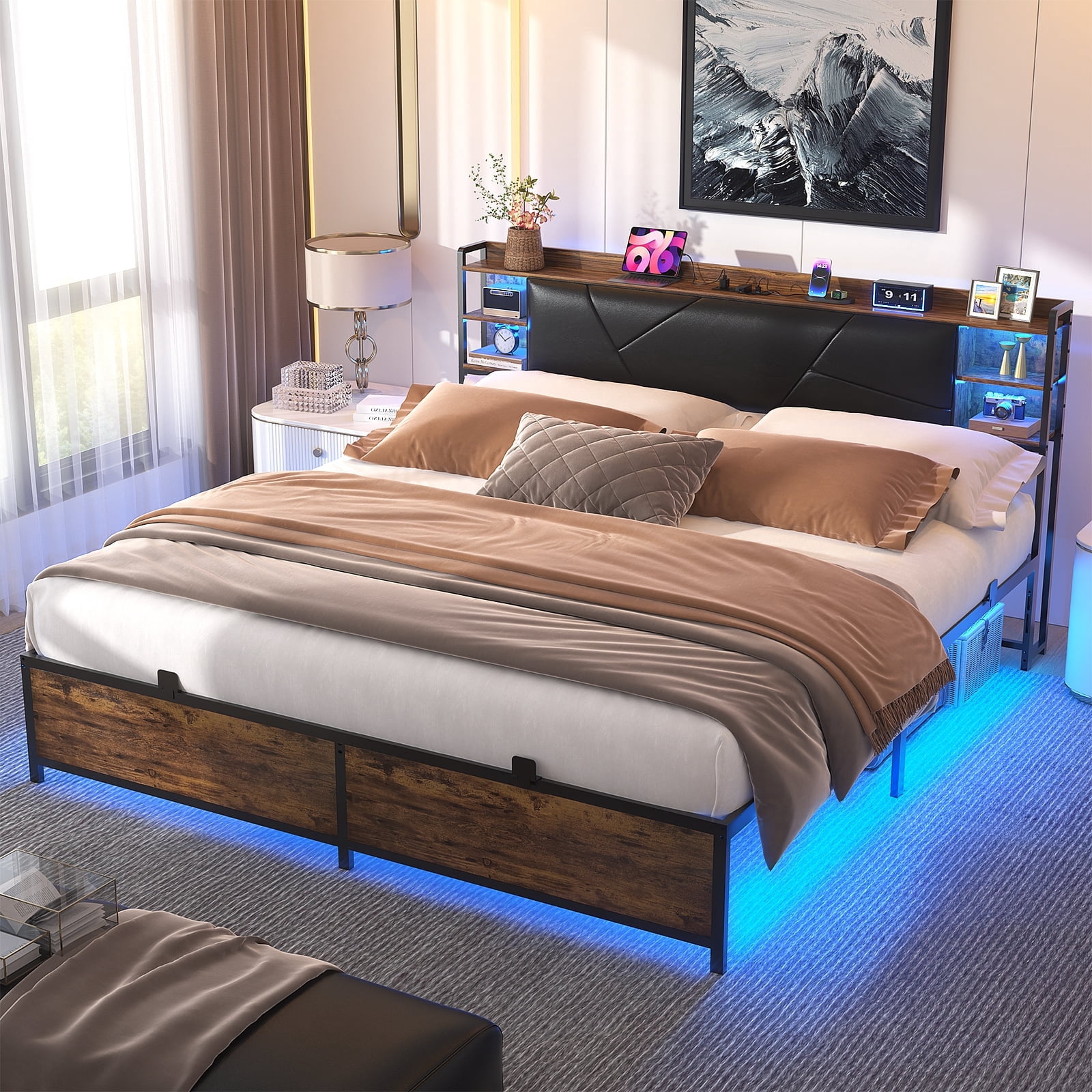Homieasy King Size Bed Frame with USB Charging & RGB LED Lights, Upholstered Headboard, Metal Slats, No Box Spring, Easy Assembly,Rustic Brown