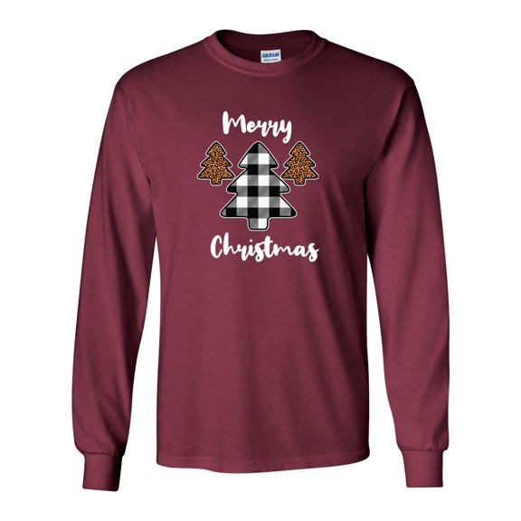 Merry Christmas Buffalo Plaid Leopard Print Trees Unisex Adult Long Sleeve T-shirt-Maroon-5xl
