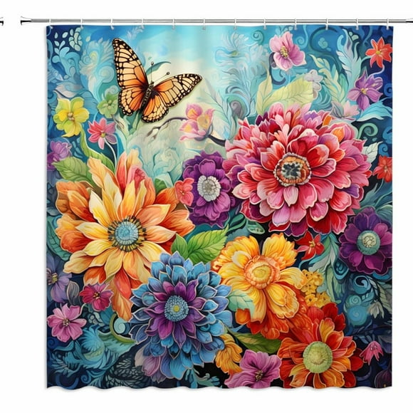 Boho Blossom Shower Curtain - Colorful Vintage Chic Floral Decor with Hooks